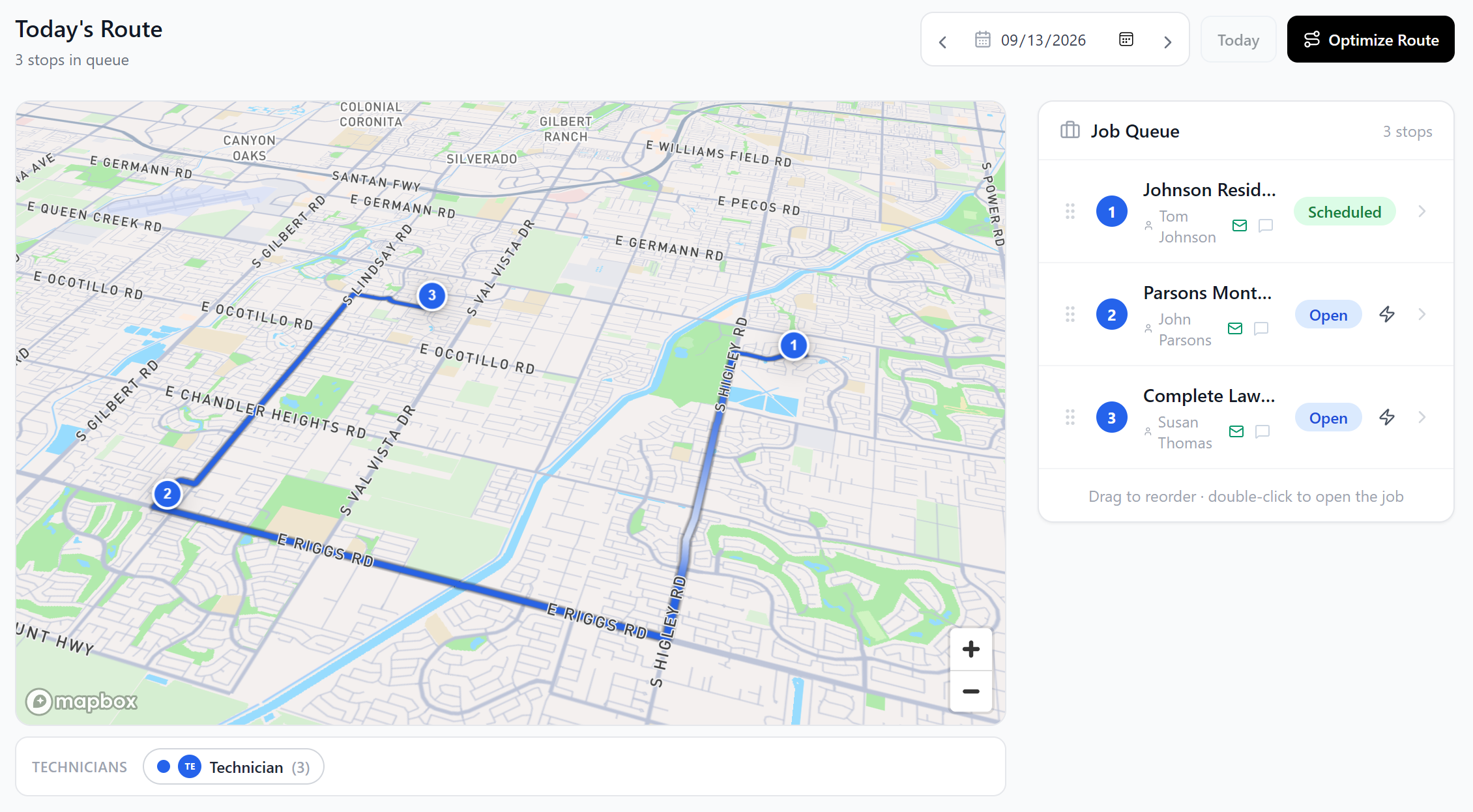 Cadre dispatch view: today's route on a map with three numbered stops and a job queue listing three jobs (one scheduled, two open) assigned to a technician.